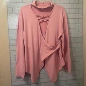 SHEIN CURVE Pink Choker Neck Lattice Detail Asymmetrical Hem Long Sleeve Top 2XL